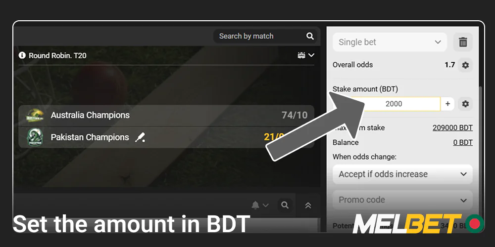 Enter the stake and set the amount in BDT on the Melbet bet slip