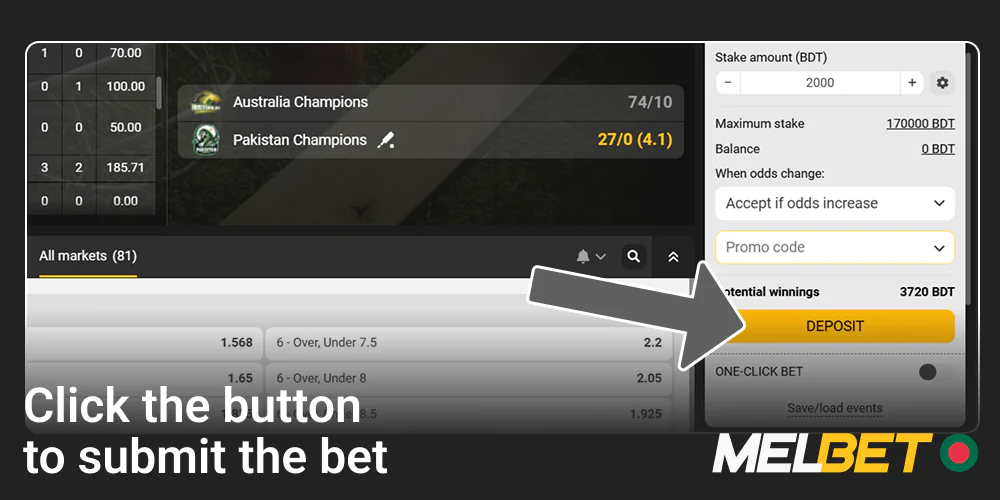 Click the button to submit the bet on the Melbet betting slip