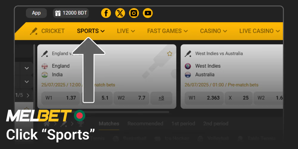 Choose "Sports" from the main navigation menu at Melbet