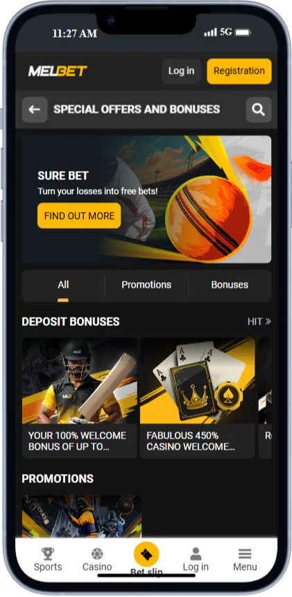 A screenshot of the bonuses page of the Melbet app
