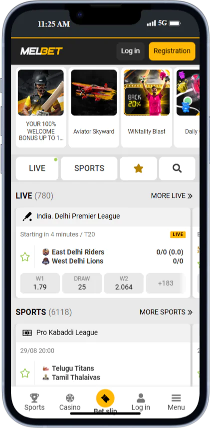 A screenshot of the main page of the Melbet app