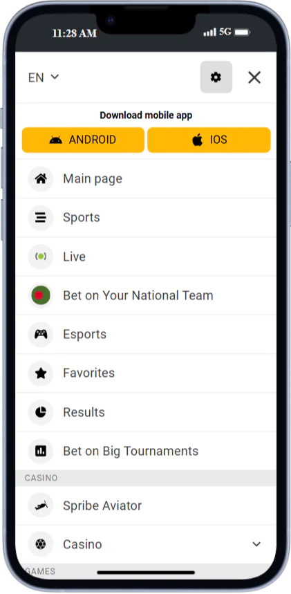 A screenshot of the side menu of the Melbet app